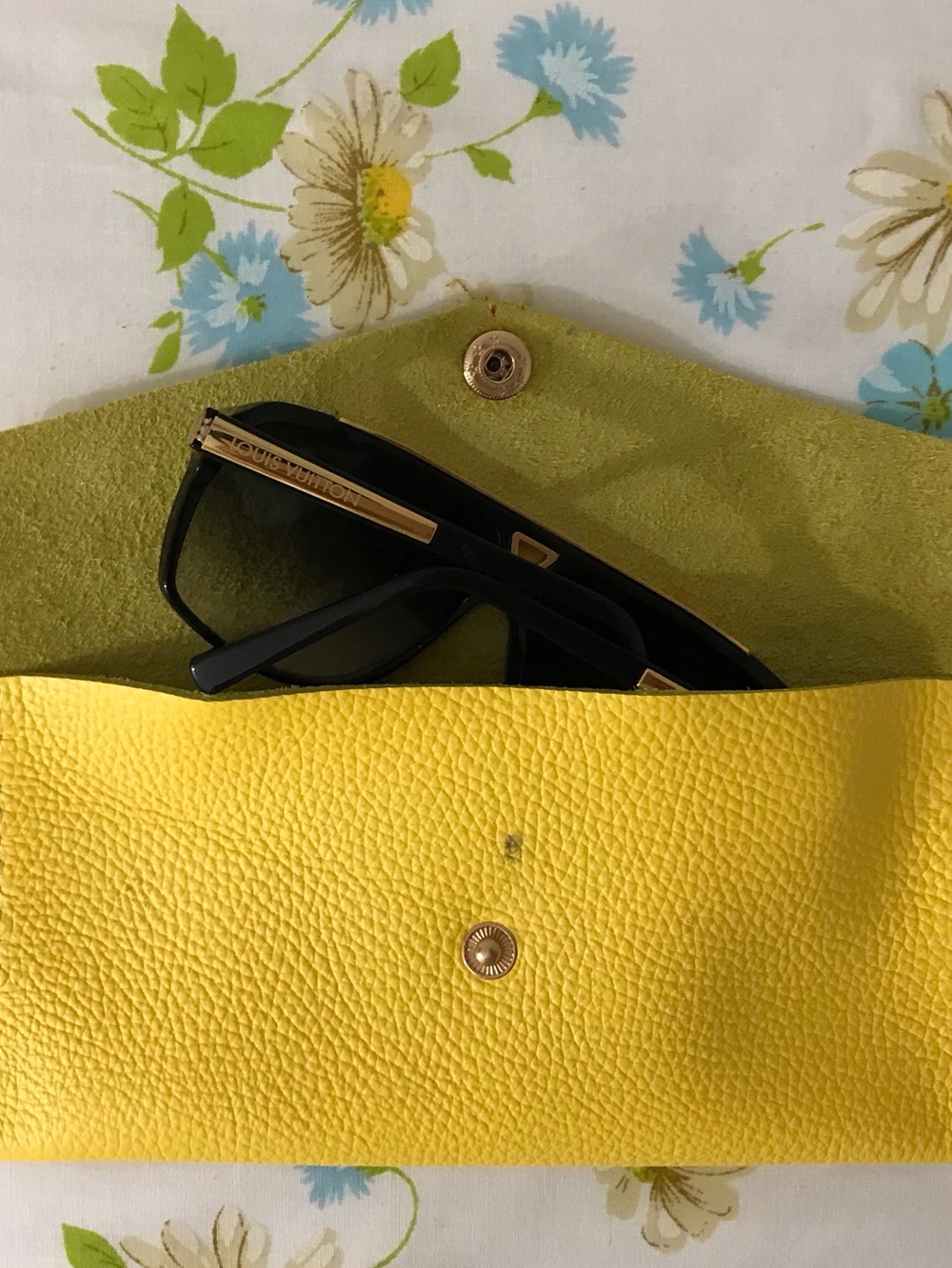 Handmade Genuine Yellow Leather Sunglasses Case with Gold Snap